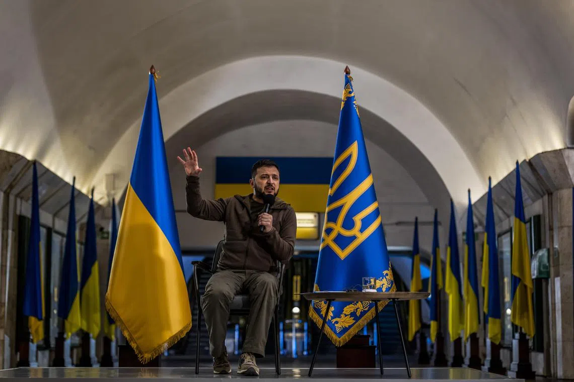 President Volodymyr Zelenskyy of Ukraine holds a news conference at a subway station in Kyiv on Saturday, April 23, 2022 in Kyiv, Ukraine. In nightly addresses to his people and passionate speeches to foreign leaders, the Ukrainian president has delivered a storyline to rally his country, and its allies, to UkraineÕs cause. (Daniel Berehulak/The New York Times)


