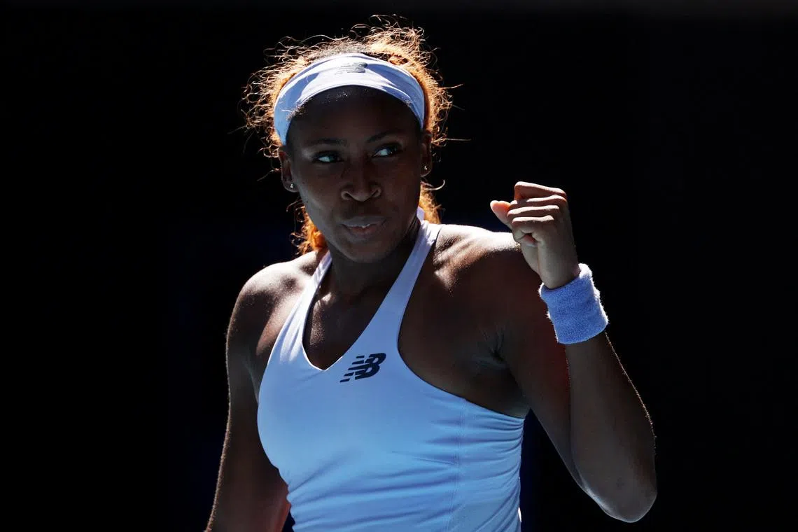 Tennis - Australian Open - Melbourne Park, Melbourne, Australia - January 21, 2026 Coco Gauff of the U.S. celebrates after winning her second round match against Serbia's Olga Danilovic REUTERS/Edgar Su