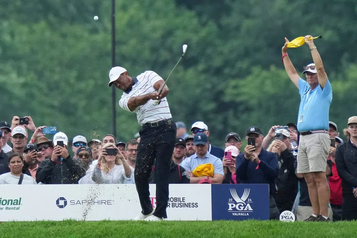 May 17, 2024; Louisville, Kentucky, USA; Tiger Woods drives off the 8th tee during the second round of the PGA Championship golf tournament at Valhalla Golf Club. Mandatory Credit: Matt Stone-USA TODAY Sports/File Photo