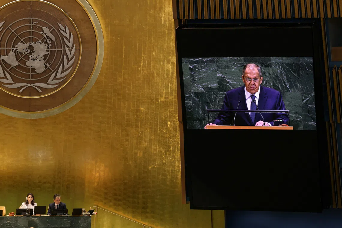 Russia's Foreign Minister Sergey Lavrov addresses the 80th United Nations General Assembly (UNGA), at the U.N. headquarters in New York City, U.S., September 27, 2025. REUTERS/Caitlin Ochs