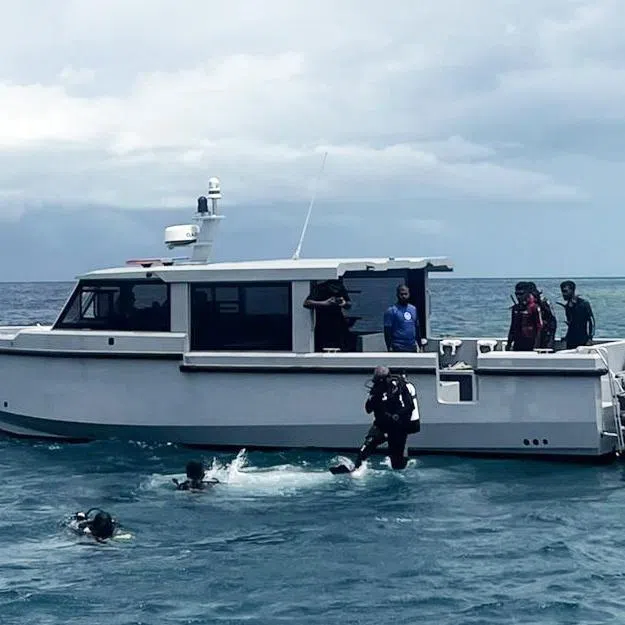 Divers conduct search and recovery operations for the remaining bodies of Italian tourists in the waters of Vaavu Atoll, Maldives, on May 20.