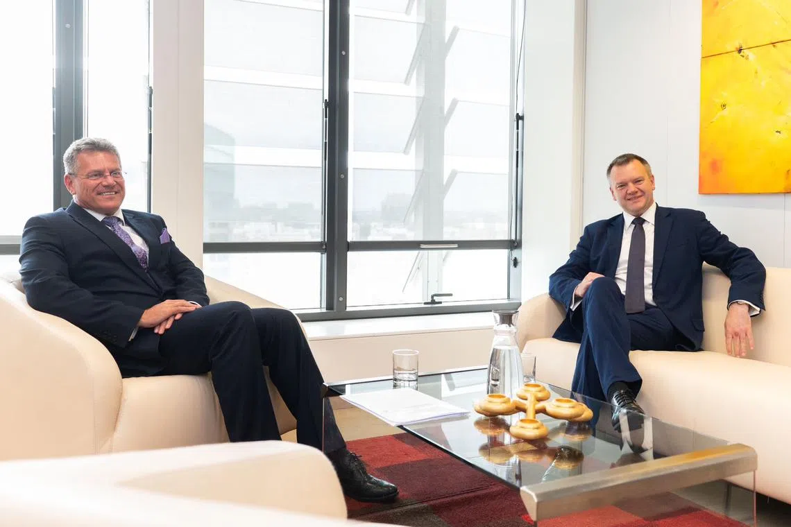 Britain’s minister for EU relations Nick Thomas-Symonds (right) had a sit-down with Brussels’ pointman on ties with the UK, Mr Maros Sefcovic. 