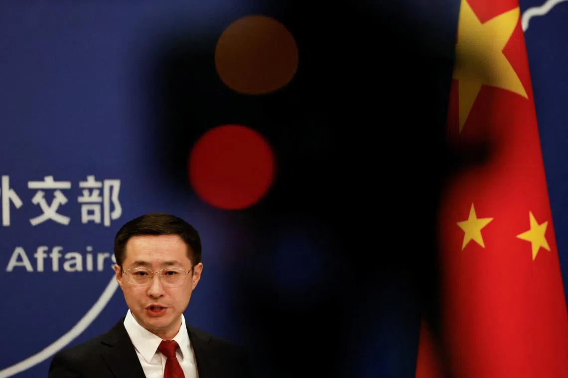FILE PHOTO: Chinese Foreign Ministry spokesperson Lin Jian attends a press conference in Beijing, China April 10, 2025. REUTERS/Tingshu Wang/File photo