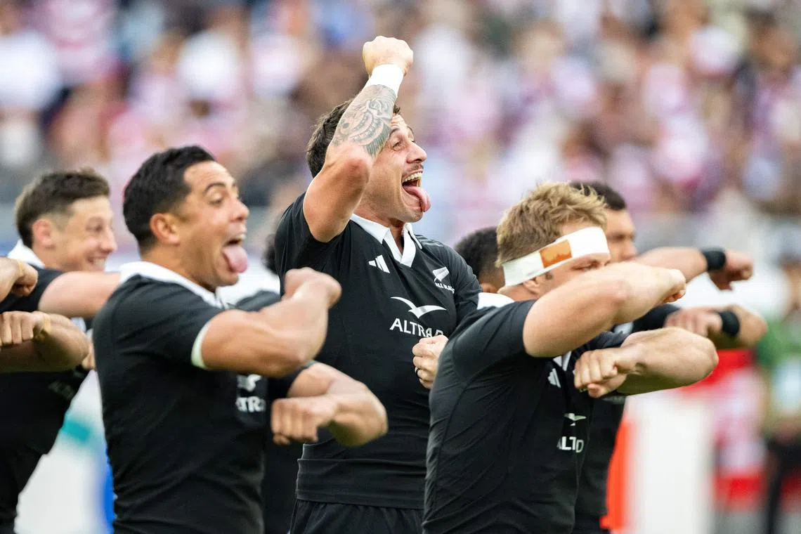 New Zealand players performing the haka before a rugby union test match between New Zealand and Japan on Oct 26, 2024.