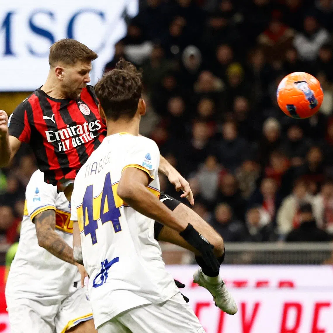 Soccer Football - Serie A - AC Milan v Lecce - San Siro, Milan, Italy - January 18, 2026 AC Milan's Niclas Fullkrug scores their first goal REUTERS/Alessandro Garofalo