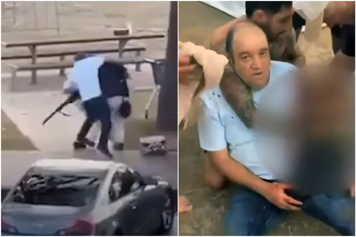 Footage circulating on social media shows a man ‍in a car park wearing a white shirt running up to a man in a dark shirt who is holding a rifle.