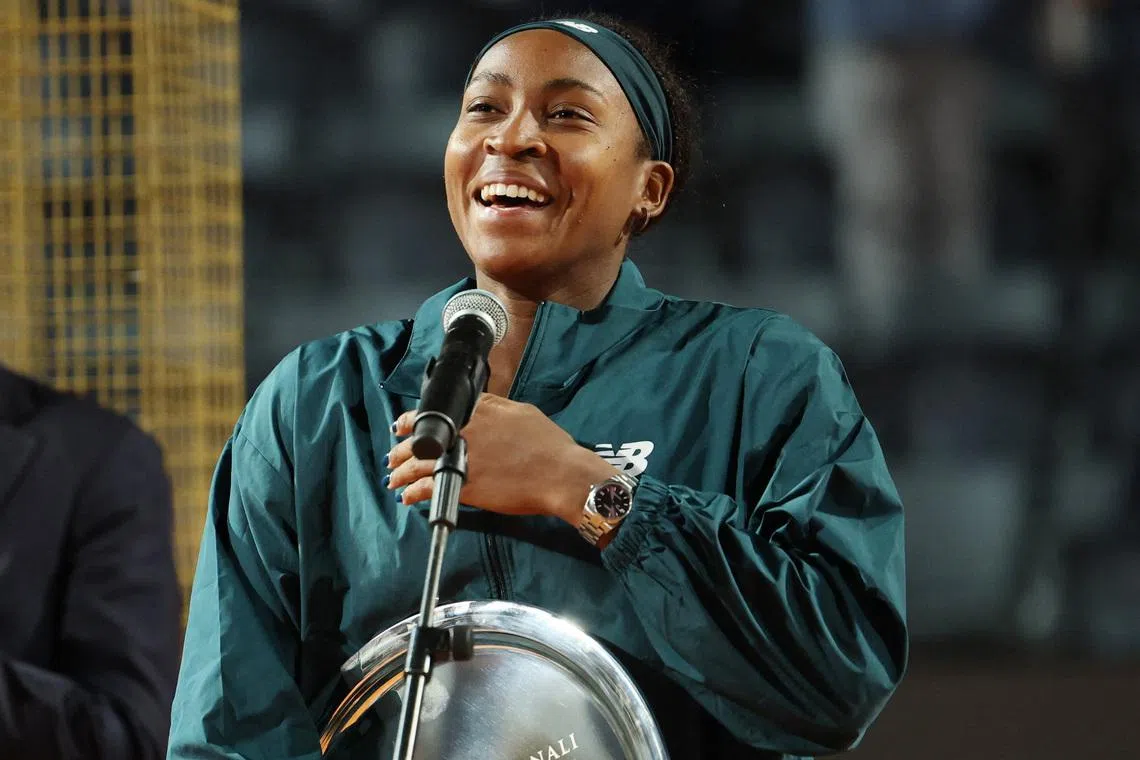 Tennis - Italian Open - Foro Italico, Rome, Italy - May 16, 2026 Coco Gauff of the U.S. celebrates with the runners-up trophy after the women's final match against Ukraine's Elina Svitolina REUTERS/Claudia Greco