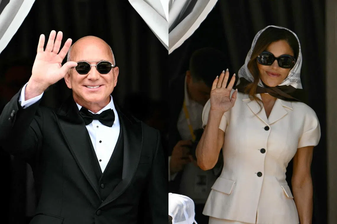 Amazon founder Jeff Bezos (left) and fiancee Lauren Sanchez leaving the Aman Venice hotel on the day of their wedding, on June 27.