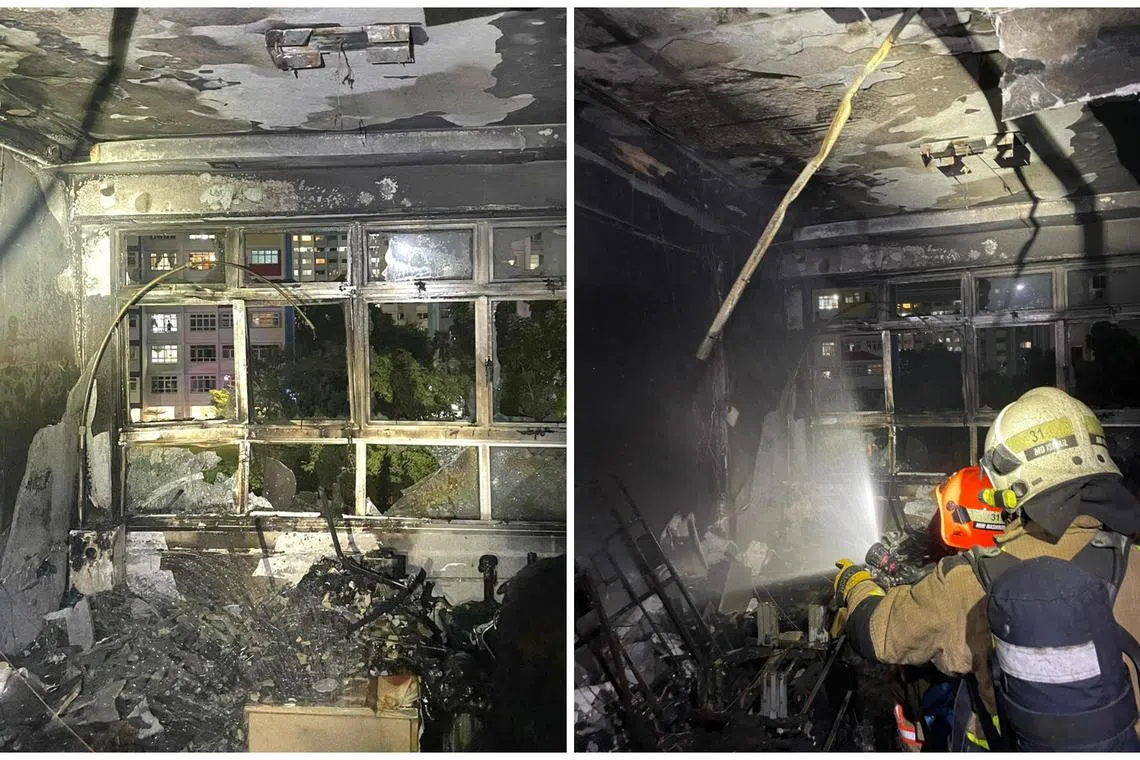 The fire, which involved the entire living room area, was extinguished with a water jet. 