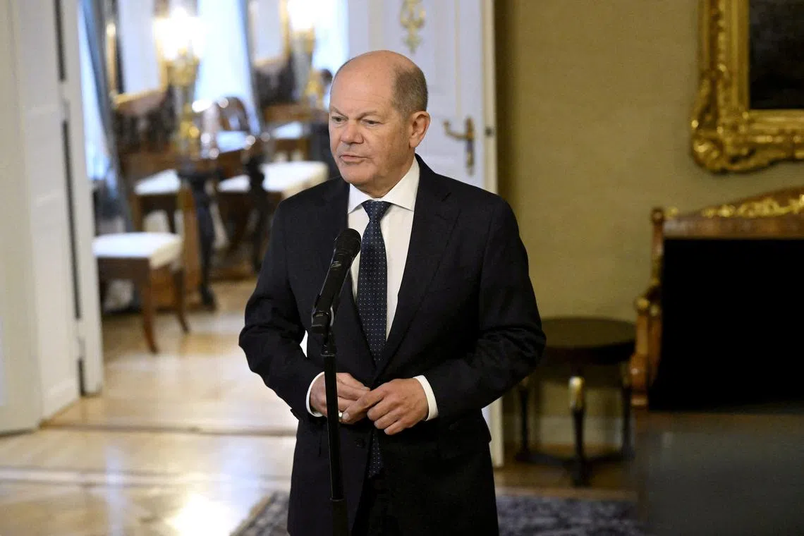 FILE PHOTO: German Chancellor Olaf Scholz gives a statement during the summit of the Baltic Sea NATO countries, at the Presidential Palace in Helsinki, Finland January 14, 2025.  Lehtikuva/Vesa Moilanen via REUTERS/File Photo