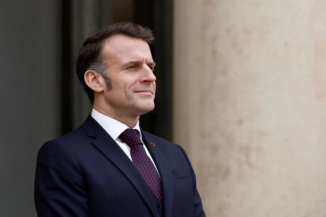 French President Emmanuel Macron waits for the arrival of a guest at the Elysee Palace in Paris, France, February 6, 2026. REUTERS/Benoit Tessier