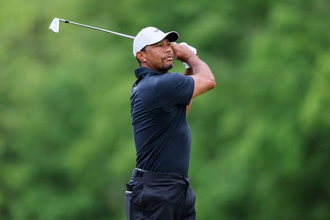 Tiger Woods plays his shot from the eighth tee during a practice round prior to the 2024 PGA Championship.