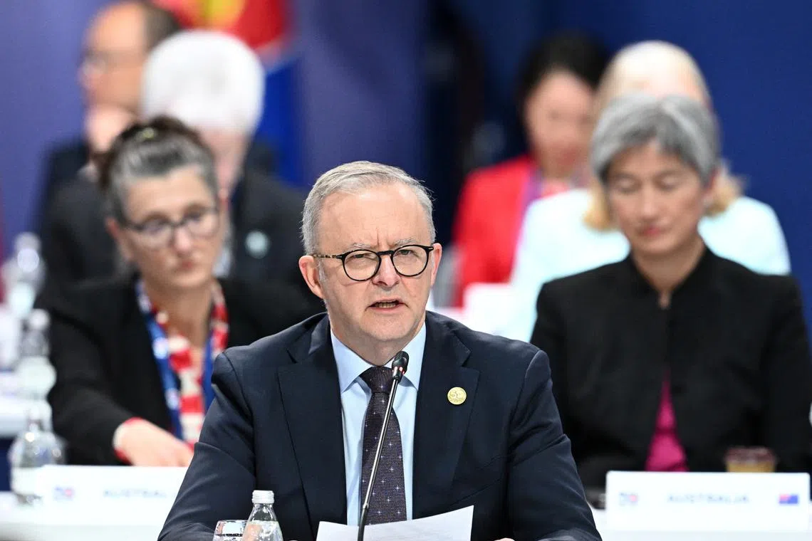 Australian Prime Minister Anthony Albanese (centre) gives an address to the Leaders’ Plenary during the 2024 ASEAN-Australia Special Summit at the Melbourne Convention and Exhibition Centre in Melbourne, Australia, March 6, 2024.    JOEL CARRETT/Pool via REUTERS/ File Photo