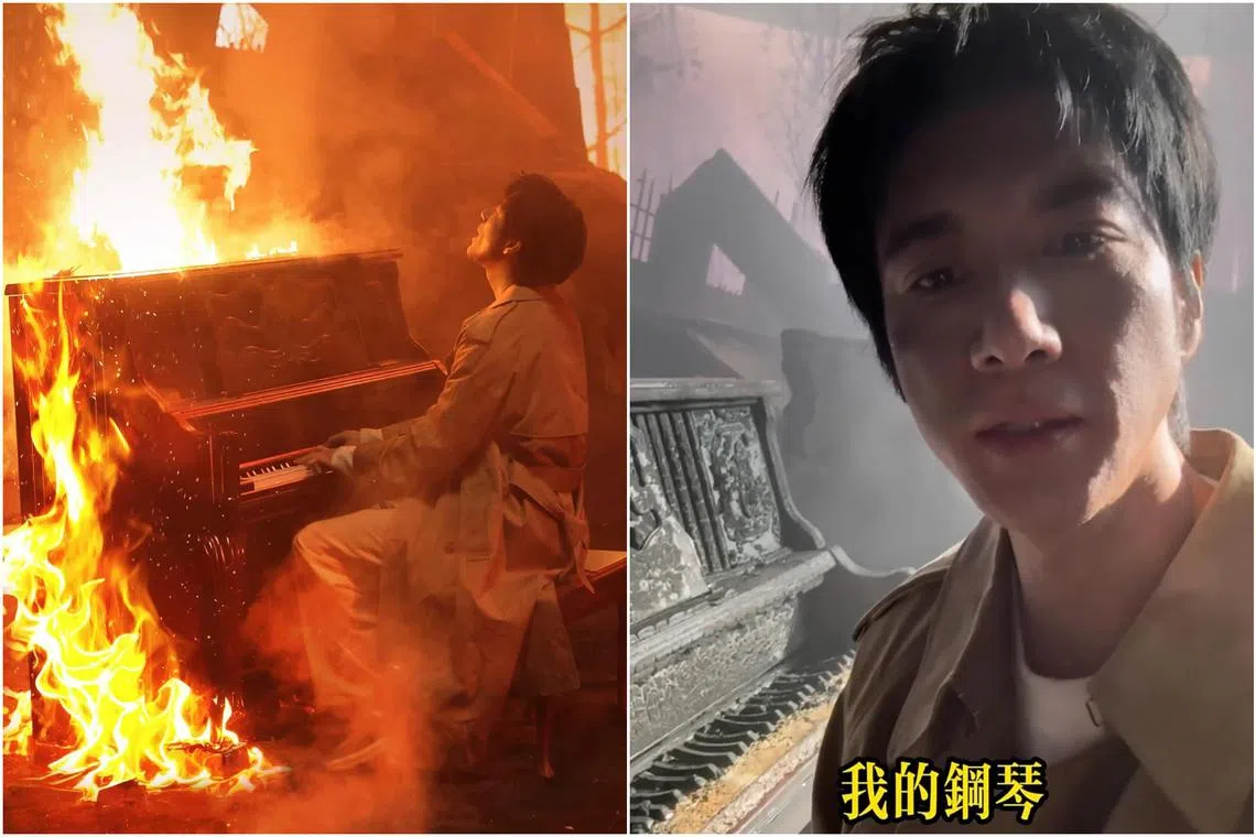 Wang Leehom with the piano used in the music video after the shooting.