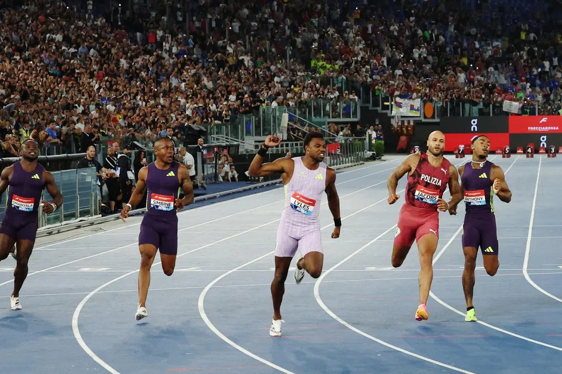 Athletics - Diamond League - Rome - Stadio Olimpico, Rome, Italy - June 4, 2026 Noah Lyles of the U.S. celebrates after winning the men's 100m final REUTERS/Ciro De Luca