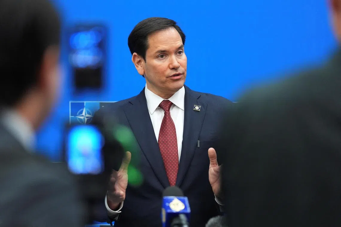 U.S. Secretary of State Marco Rubio talks to reporters at the NATO headquarters in Brussels, Belgium, April 4, 2025.     Jacquelyn Martin/Pool via REUTERS