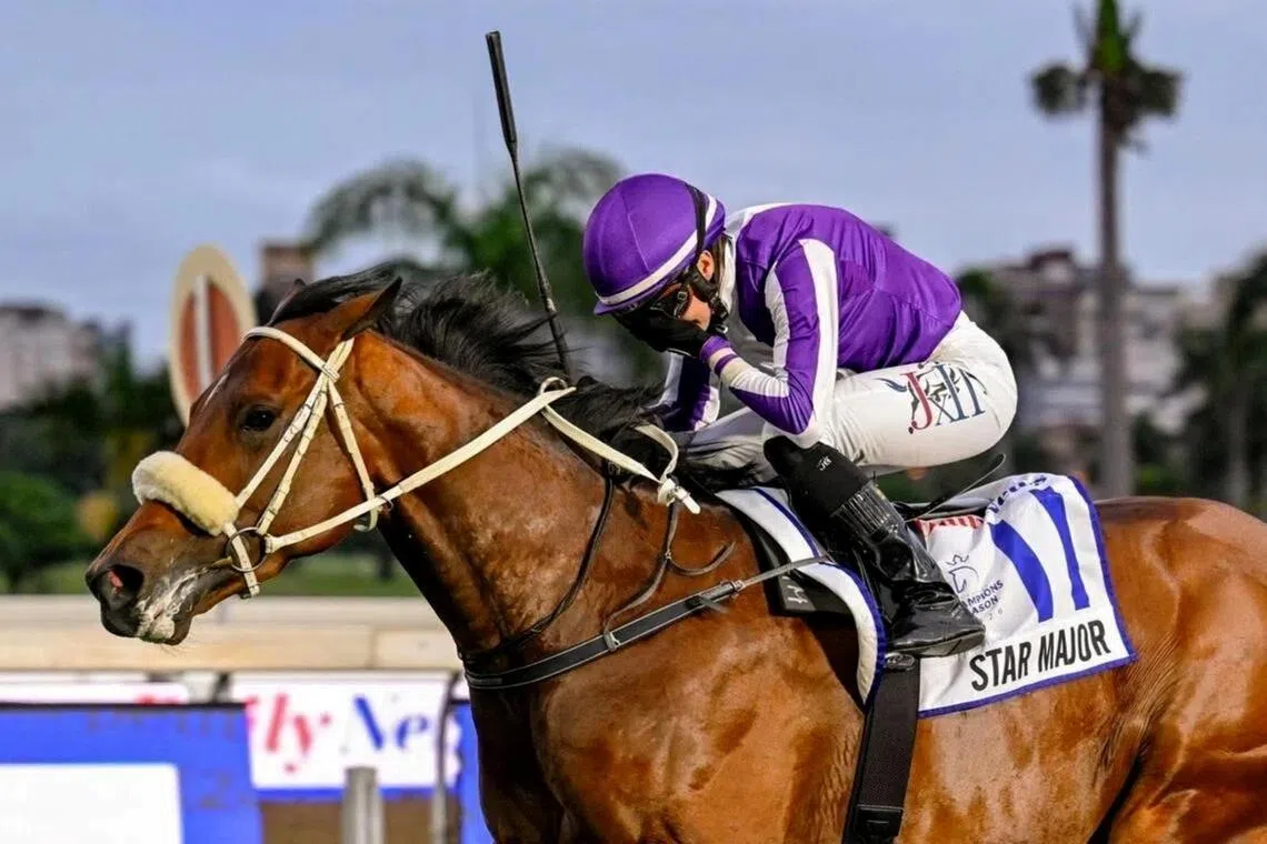Jockey Mickaelle Michel covering her face in disbelief after Star Major crossed the line first to give the French rider her maiden Grade 1 win in the Daily News 2000 (2,000m) on May 30. 

