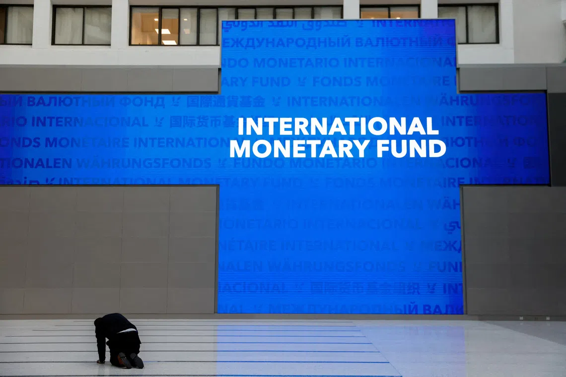 FILE PHOTO: The IMF before the arrival of Ukraine's President Volodymyr Zelenskiy and International Monetary Fund Managing Director Kristalina Georgieva in Washington, U.S., December 11, 2023. REUTERS/Julia Nikhinson/File Photo