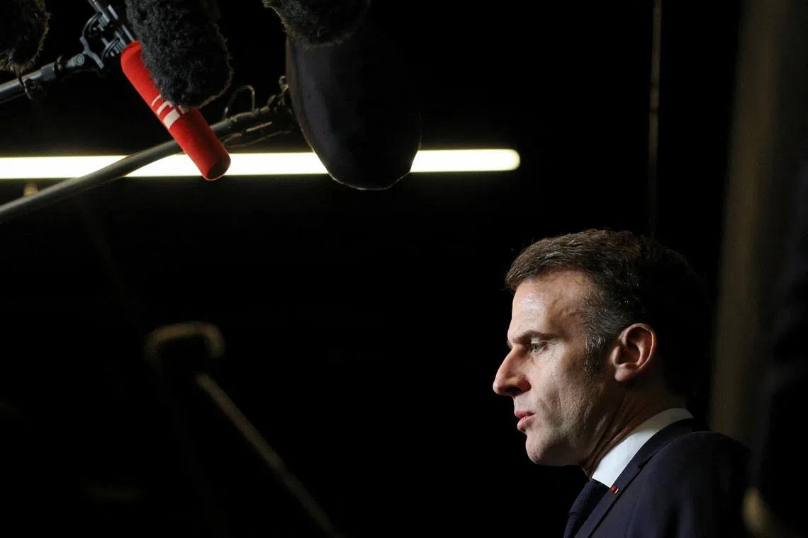 French President Emmanuel Macron speaks to members of the media as he attends the opening day and inauguration of the 62nd International Agricultural Fair (Salon de l'Agriculture) at the Paris Expo Porte de Versailles exhibition centre in Paris, France, February 21, 2026. REUTERS/Manon Cruz/Pool