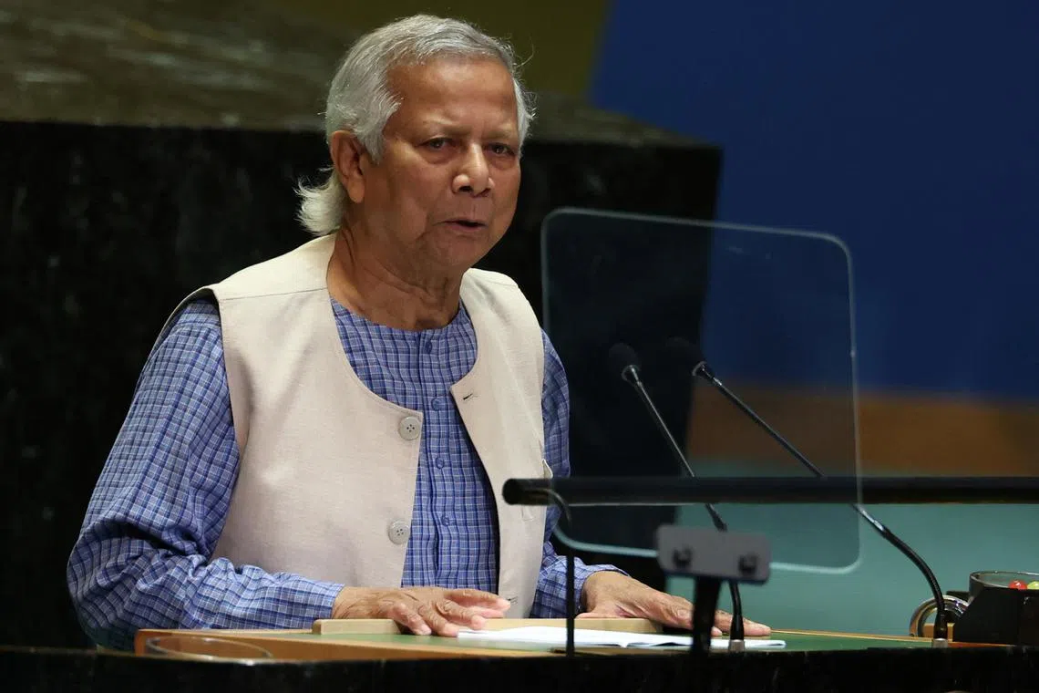 FILE PHOTO: Muhammad Yunus, Chief Adviser of Bangladesh addresses the 79th United Nations General Assembly at U.N. headquarters in New York, U.S., September 27, 2024. REUTERS/Mike Segar/File Photo