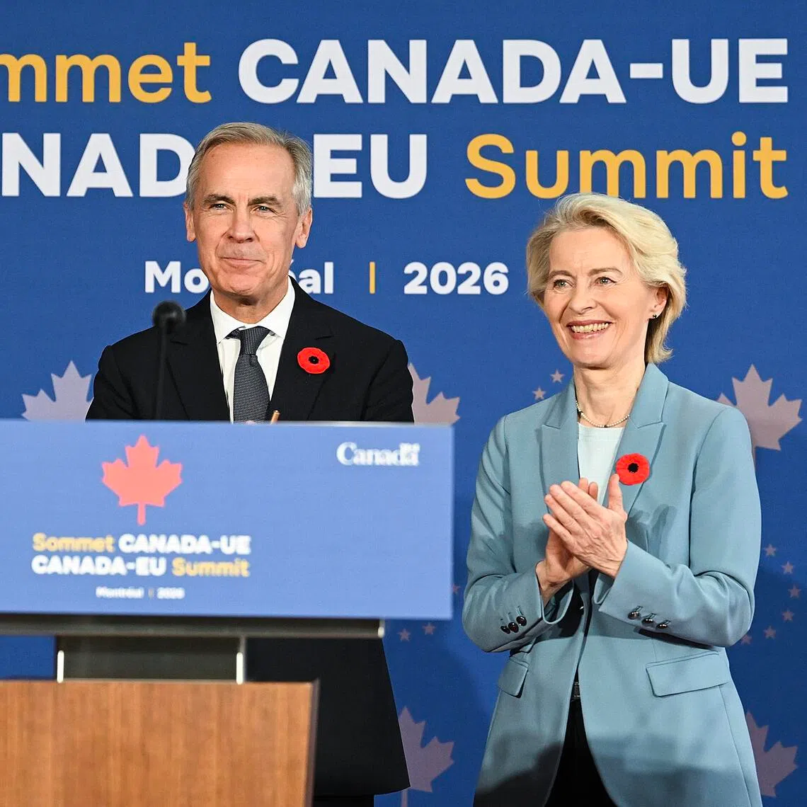 (From left) European Council President Antonio Costa, Canadian Prime Minister Mark Carney and European Commission President Ursula von der Leyen celebrating the alliance between Canada and the EU at a summit in Montreal, Canada, on Oct 30.