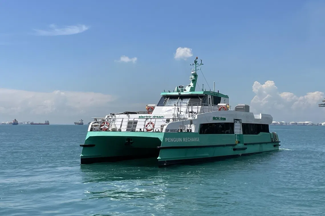 penguin international sustainable and low carbon electric ferry called electric dreams en route pasir panjang ferry terminal and pulau bukom singapore