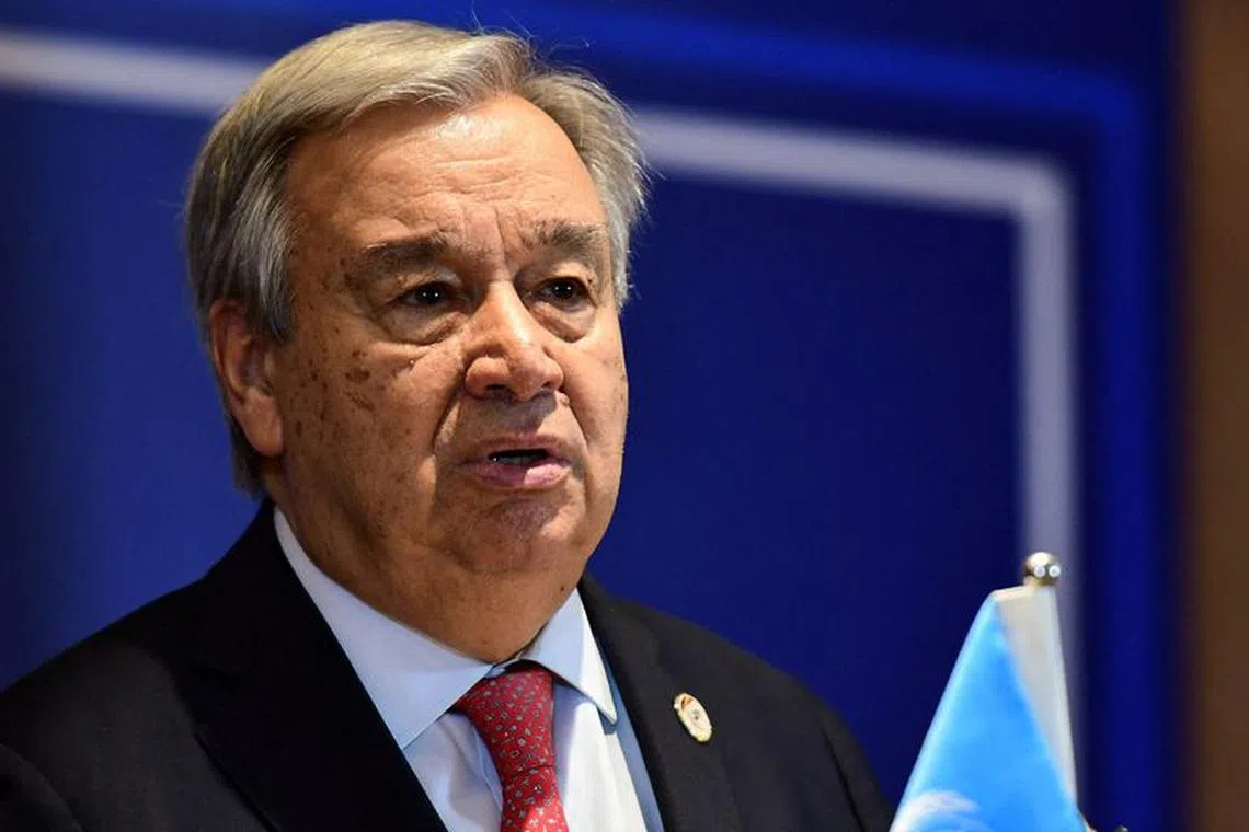 FILE PHOTO: United Nations Secretary-General Antonio Guterres addresses delegates at the opening of the Third South Summit (G77+China) in the Munyonyo suburb, of Kampala, Uganda January 21, 2024. REUTERS/Abubaker Lubowa/File Photo
