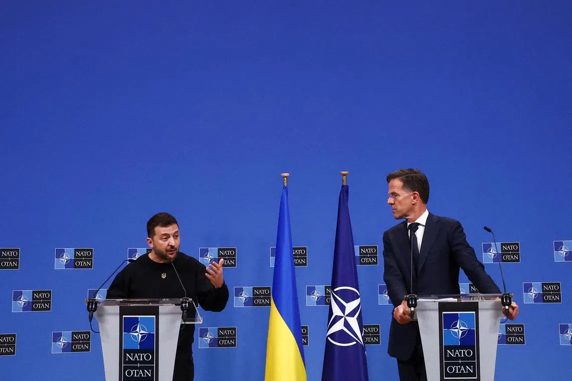 Ukrainian President Volodymyr Zelensky (left) and Nato Secretary-General Mark Rutte giving a press conference in Brussels, Belgium, in October 2024.