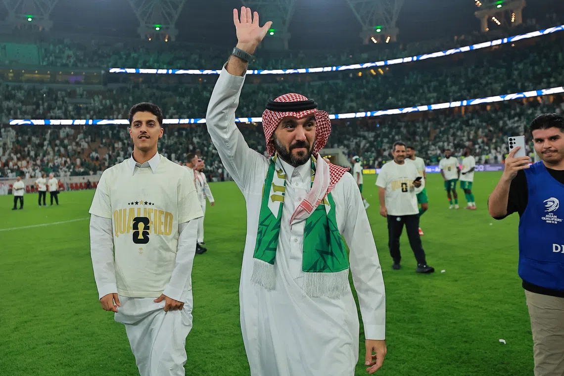 Soccer Football - FIFA World Cup - AFC Qualifiers - Group B - Saudi Arabia v Iraq - King Abdullah Sports City, Jeddah, Saudi Arabia - October 14, 2025 Minister of Sports of Saudi Arabia, Abdulaziz bin Turki Al-Faisal celebrates after qualifying for the FIFA World Cup REUTERS/Stringer