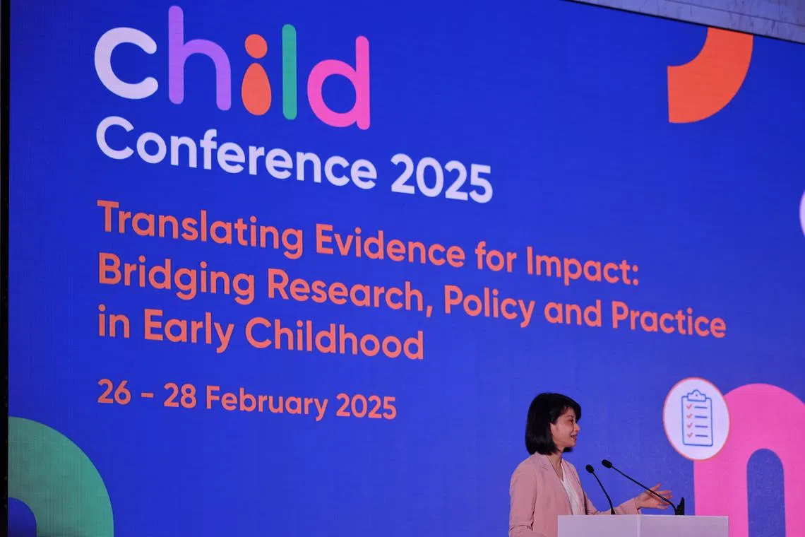 Minister of State for Home Affairs, and Social and Family Development Sun Xueling speaking at the Child Conference at the Orchard Hotel on Feb 27.