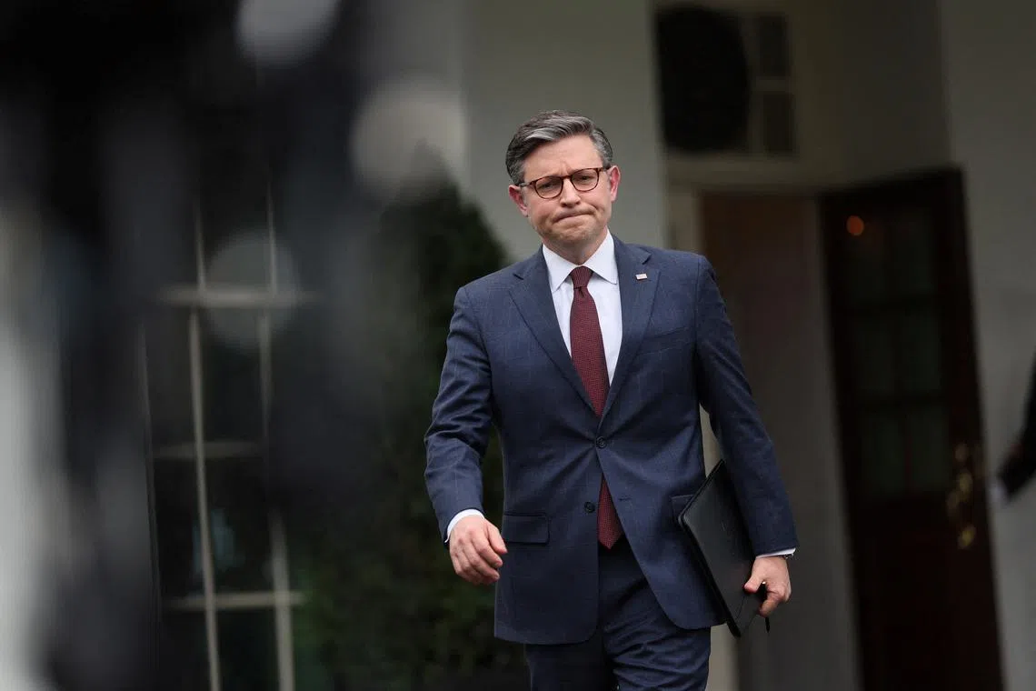 U.S. Speaker of the House Mike Johnson (R-LA) walks towards microphones to make a statement to members of the news media after meeting with President Joe Biden, Vice President Kamala Harris, U.S. House Minority Leader Hakeem Jeffries (D-NY), Senate Majority Leader Chuck Schumer (D-NY), and Senate Minority Leader Mitch McConnell (R-KY) at the White House in Washington, U.S., February 27, 2024. REUTERS/Leah Millis/ File Photo