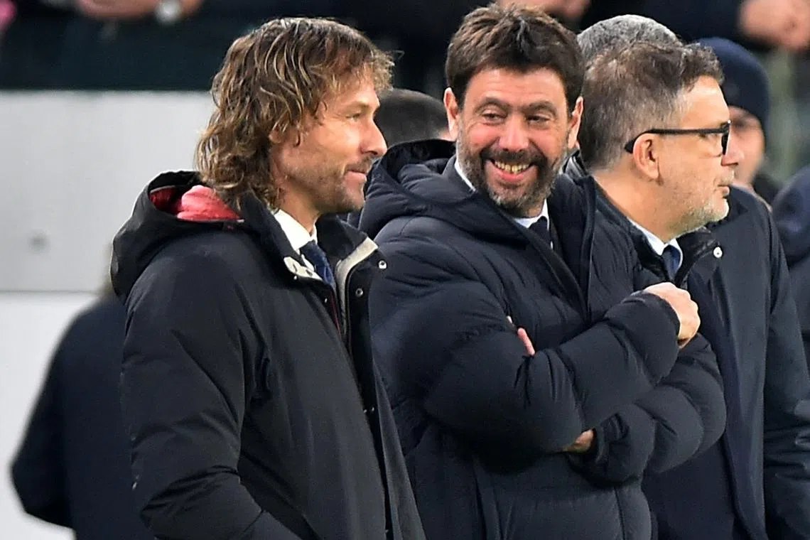 FILE PHOTO: Soccer Football - Serie A - Juventus v Udinese - Allianz Stadium, Turin, Italy - January 7, 2023 Former Juventus player Pavel Nedved alongside Andrea Agnelli before the match REUTERS/Massimo Pinca/File Photo