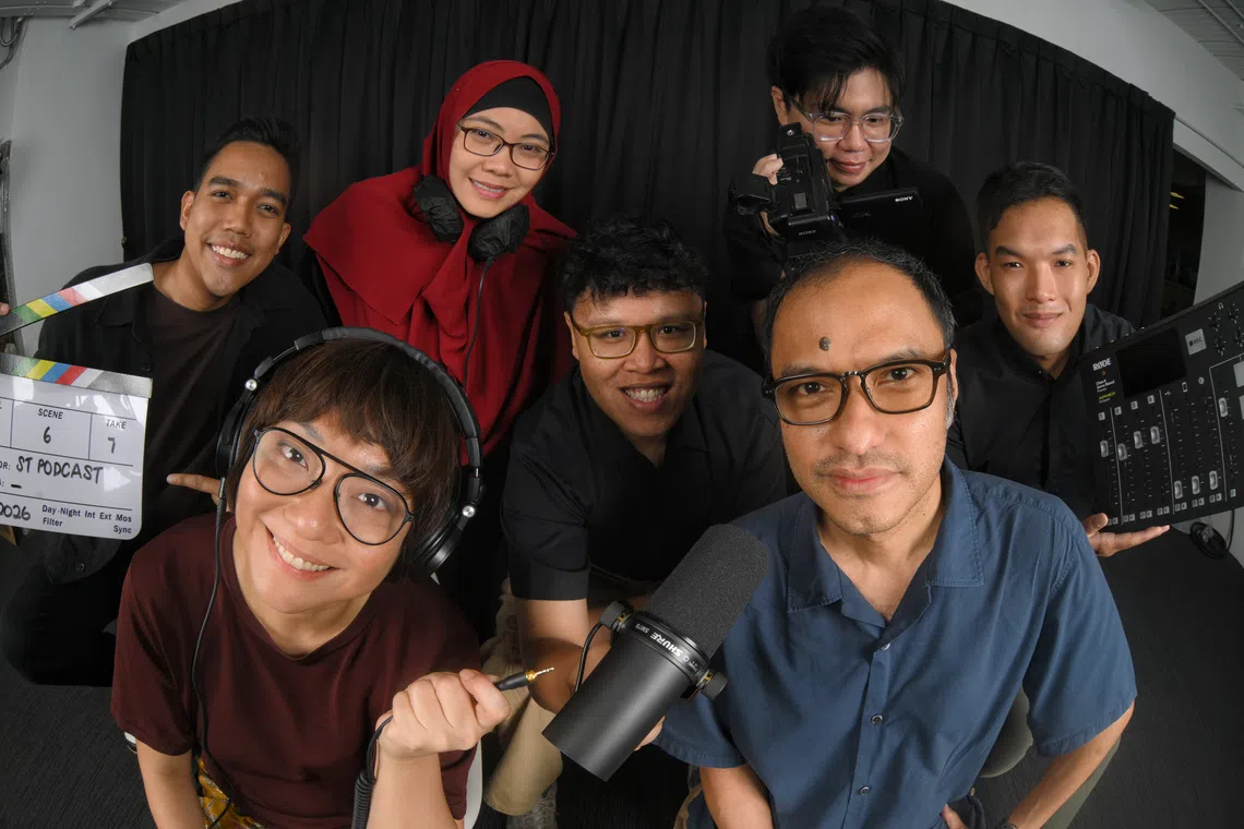 ST's podcast team (front row from left), Assistant podcast editor Lynda Hong and podcast editor Ernest Luis; (back from left) Podcast producers Amirul Karim, Fa'izah Sani, Hadyu Rahim, Eden Soh and Teo Tong Kai.
