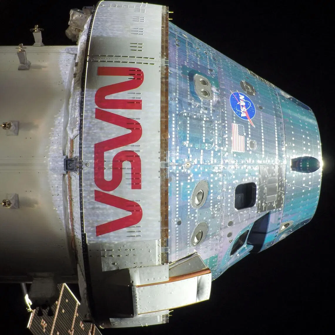 The Orion spacecraft on the second day into the Artemis II mission.