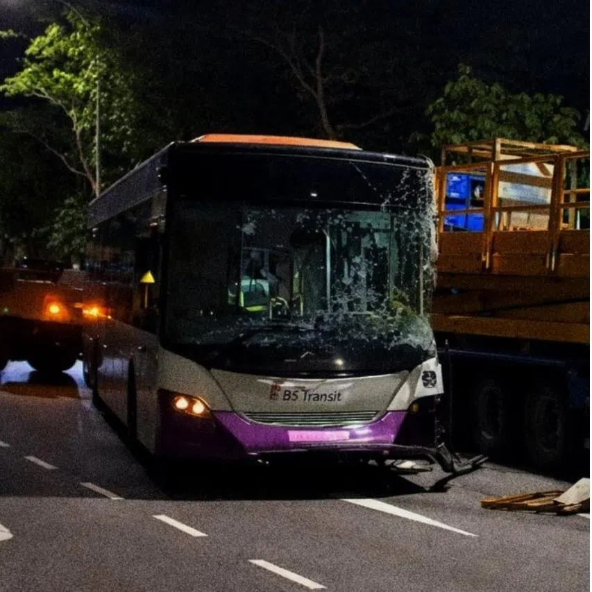 In photos of the accident shared on Facebook, an SBS Transit bus is seen with a shattered windscreen and a severely damaged front door.