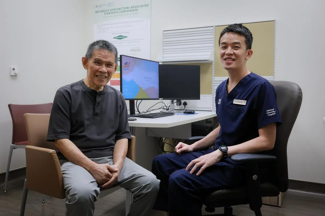 Adj A/Prof Daniel Huang, Senior Consultant, Division of Gastroenterology and Hepatology, Department of Medicine, NUH and Chair of the Hepato-Pancreato-Biliary Cancer Programme at NCIS, with his patient Mr Foo Say Nong at NUH Medical Centre on May 25, 2026.
