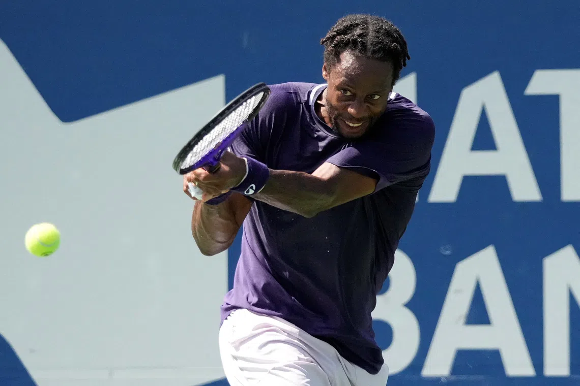 Jul 27, 2025; Toronto, ON, Canada; Gael Monfils (FRA) hits a ball to Tomas Barrios Vera (not pictured) in first round play at Sobeys Stadium. John E. Sokolowski-Imagn Images
