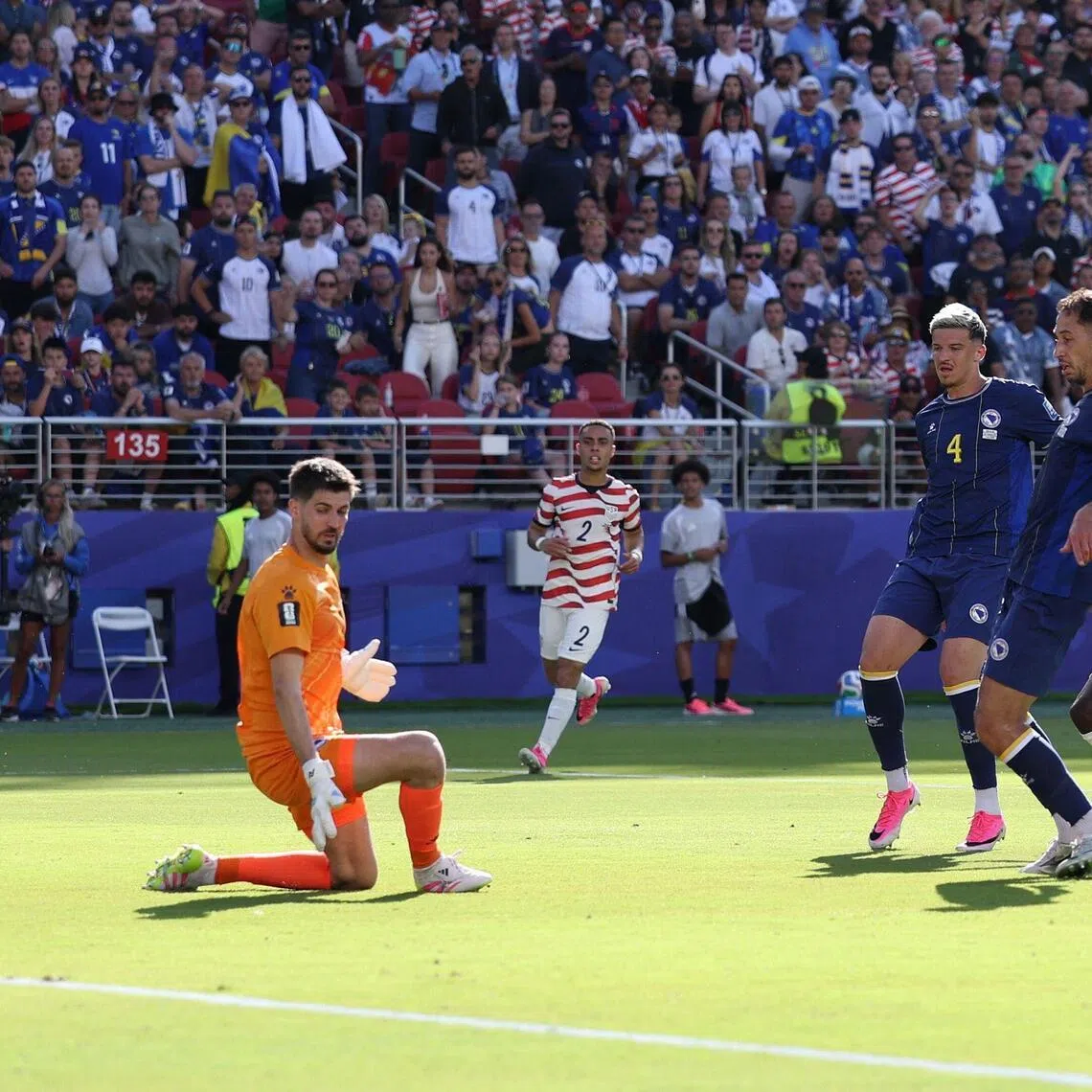 Folarin Balogun #20 of the United States scores his team’s first goal against Bosnia and Herzegovina at San Francisco Bay Area Stadium.
