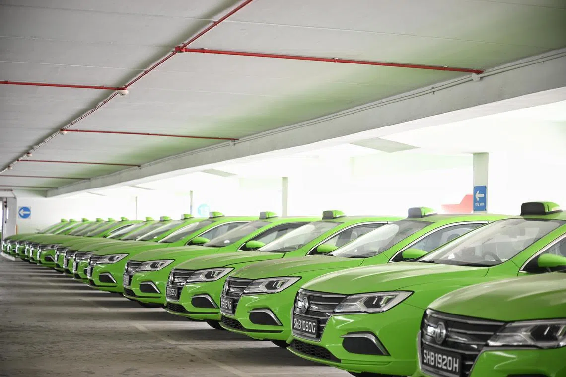 A fleet of STRIDES Premier taxi parked at a multi storey carpark, at 31 Tampines Street 92 on Feb 21, 2025.