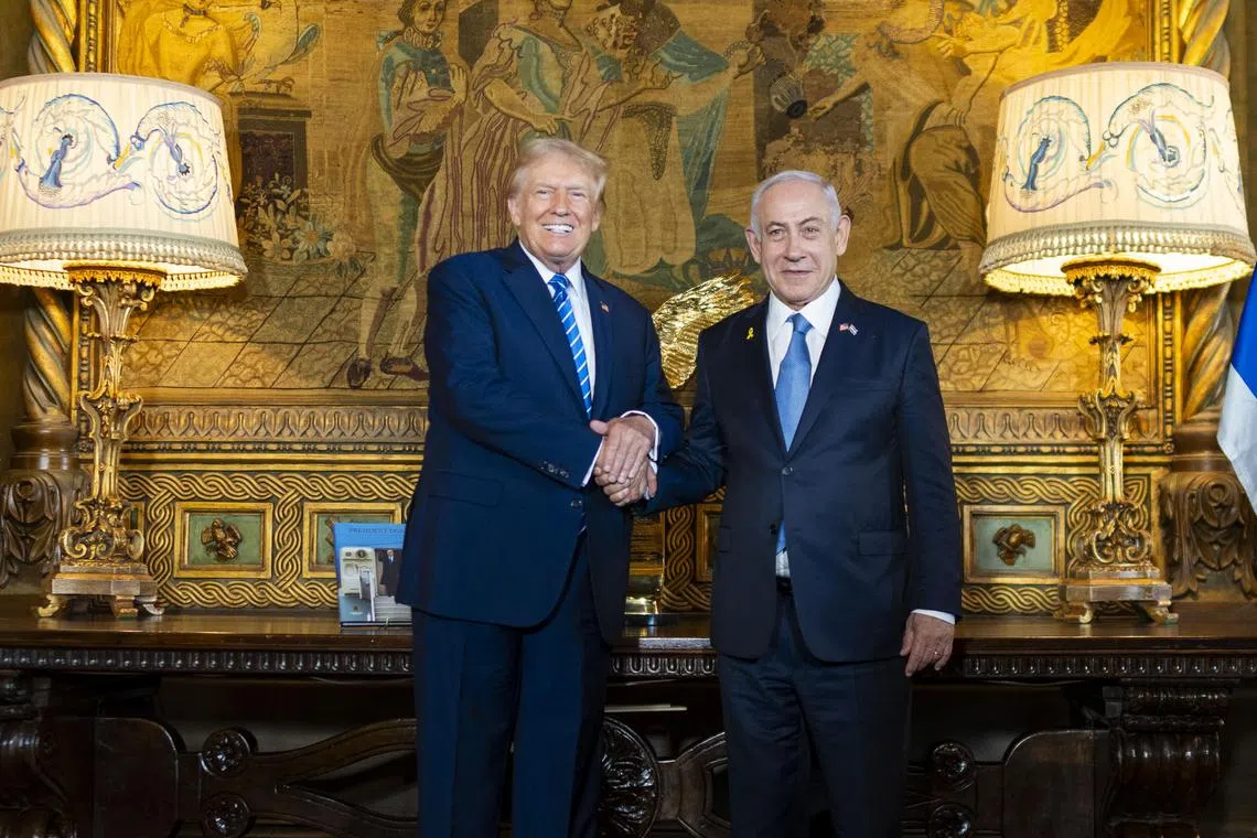Former US president Donald Trump (left) welcoming Israeli Prime Minister Benjamin Netanyahu to Mar-a-Lago, his private club and residence, in Palm Beach, Florida.