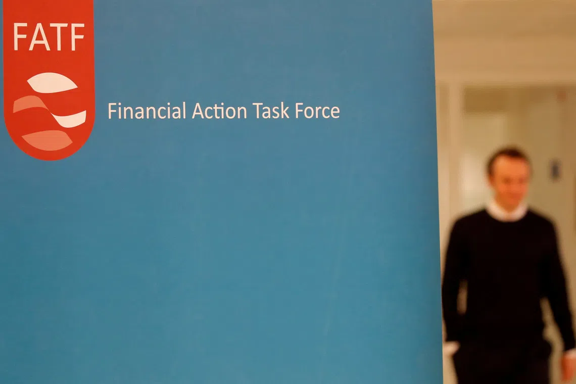 FILE PHOTO: The logo of the FATF (the Financial Action Task Force) is seen during a news conference after a plenary session at the OECD Headquarters in Paris, France, October 18, 2019.  REUTERS/Charles Platiau/File Photo