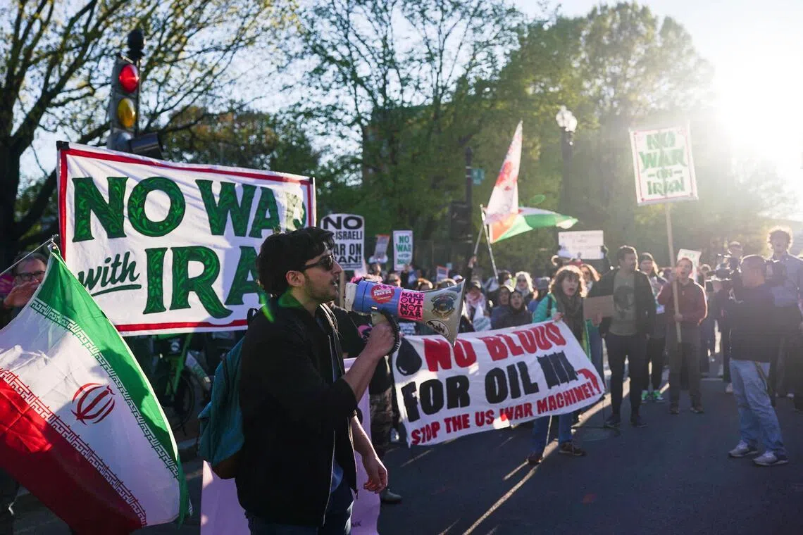A protest outside the White House on April 7 against military action in Iran after US President Donald Trump said he had agreed to a two-week ceasefire with Iran, before his deadline for Tehran to reopen the Strait of Hormuz.

