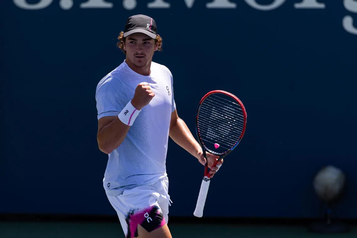 Aug 25, 2025; Flushing, NY, USA; Joao Fonseca of Brazil in action against Miomir Kecmanovic of Serbia in the first round of the men’s singles at the US Open at Billie Jean King National Tennis Centre. Mandatory Credit: Mike Frey-Imagn Images