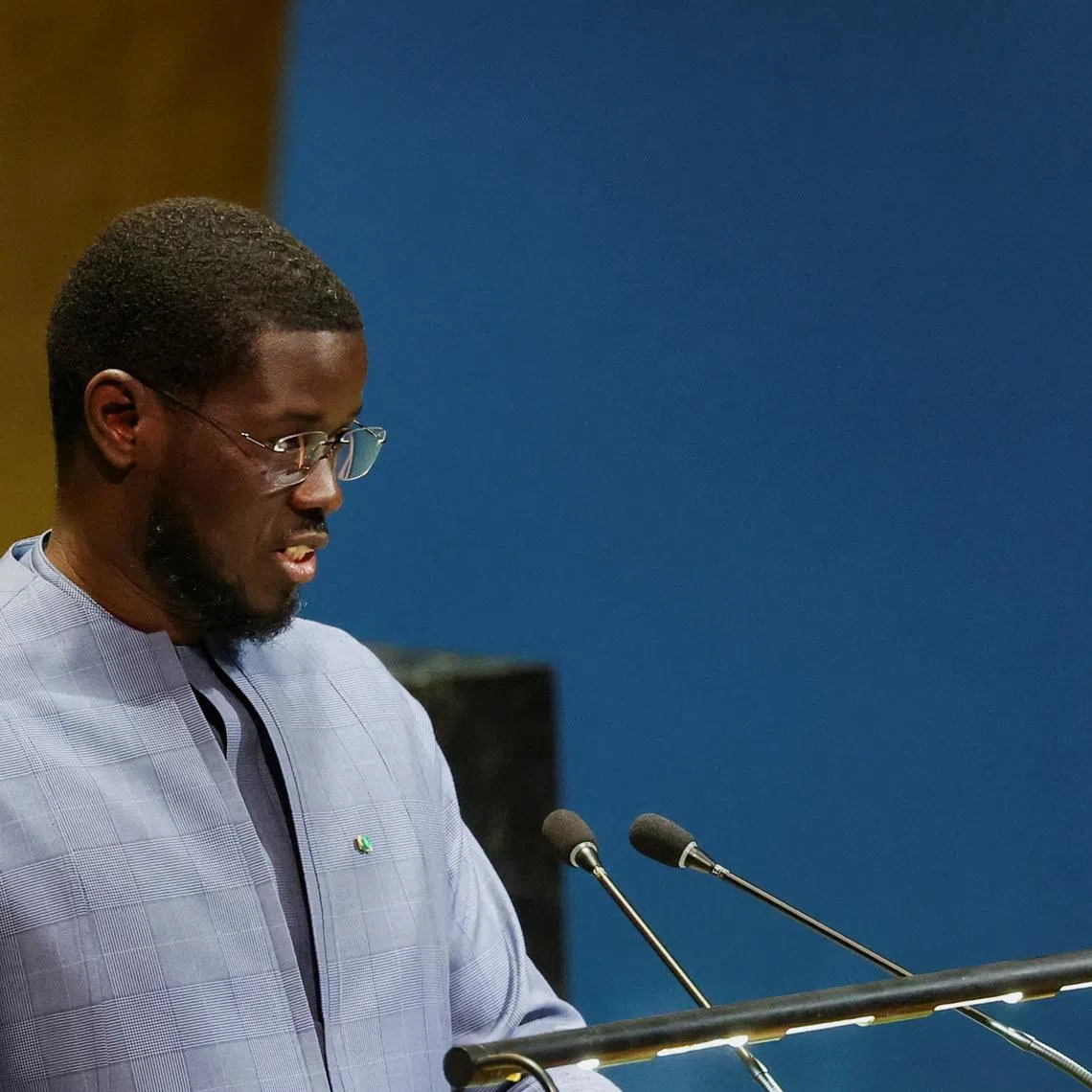 FILE PHOTO: Senegal's President Bassirou Diomaye Faye speaks during a high-level meeting of the United Nations General Assembly on the thirtieth anniversary of the Fourth World Conference on Women at U.N. headquarters in New York City, U.S., September 22, 2025. REUTERS/Mike Segar/ File Photo