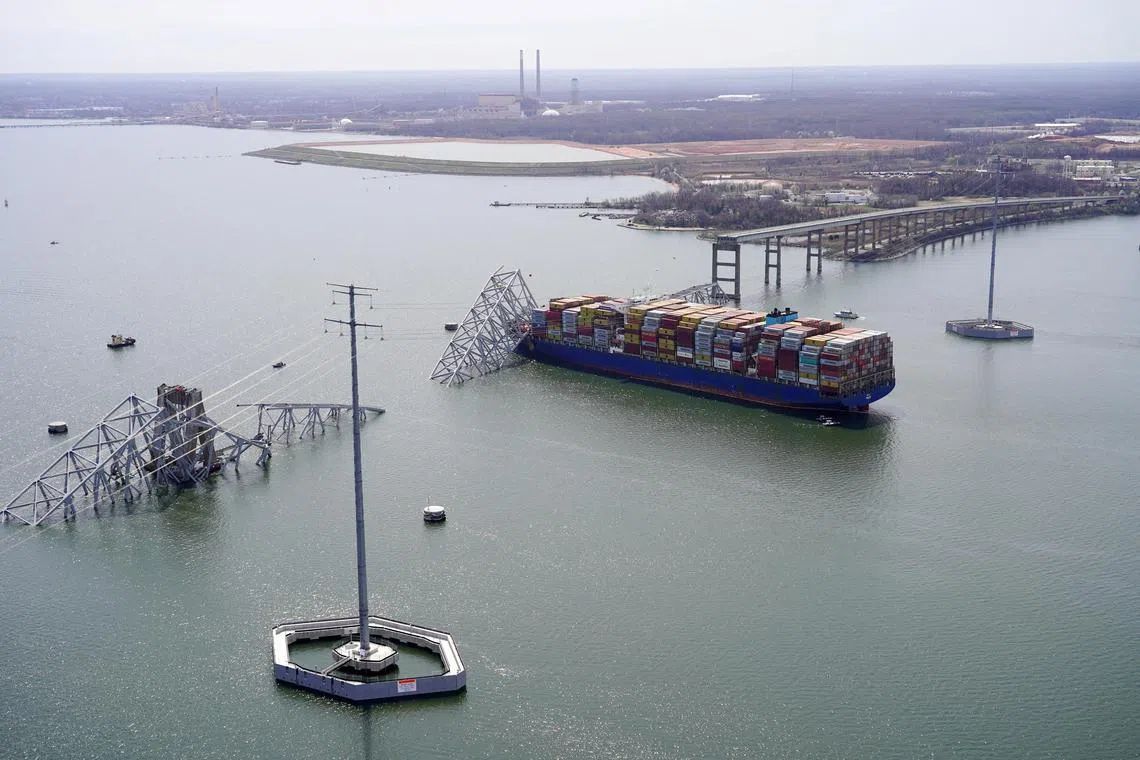Aerial view of the Dali cargo vessel which crashed into the Francis Scott Key Bridge, causing it to collapse in Baltimore, Maryland, U.S., on March 26.
