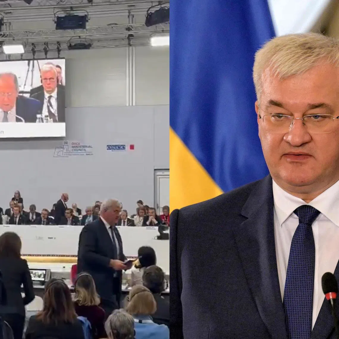 Ukraine’s foreign minister, Mr Andriy Sybiha, walked out - along with other delegates at the OSCE meeting - when Russia’s top diplomat Sergei Lavrov (on screen, left) began talking.