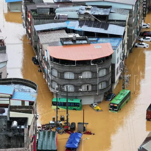 Flooding in Pingshan village on July 6 after Typhoon Maysak unleashed heavy rainfall in Hengzhou, Guangxi Zhuang Autonomous Region, China.