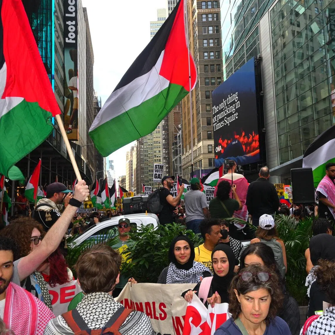 People in support of Palestine protest the visit of Israeli Prime Minister Benjamin Netanyahu to the United Nations in New York, on Sept 26.
