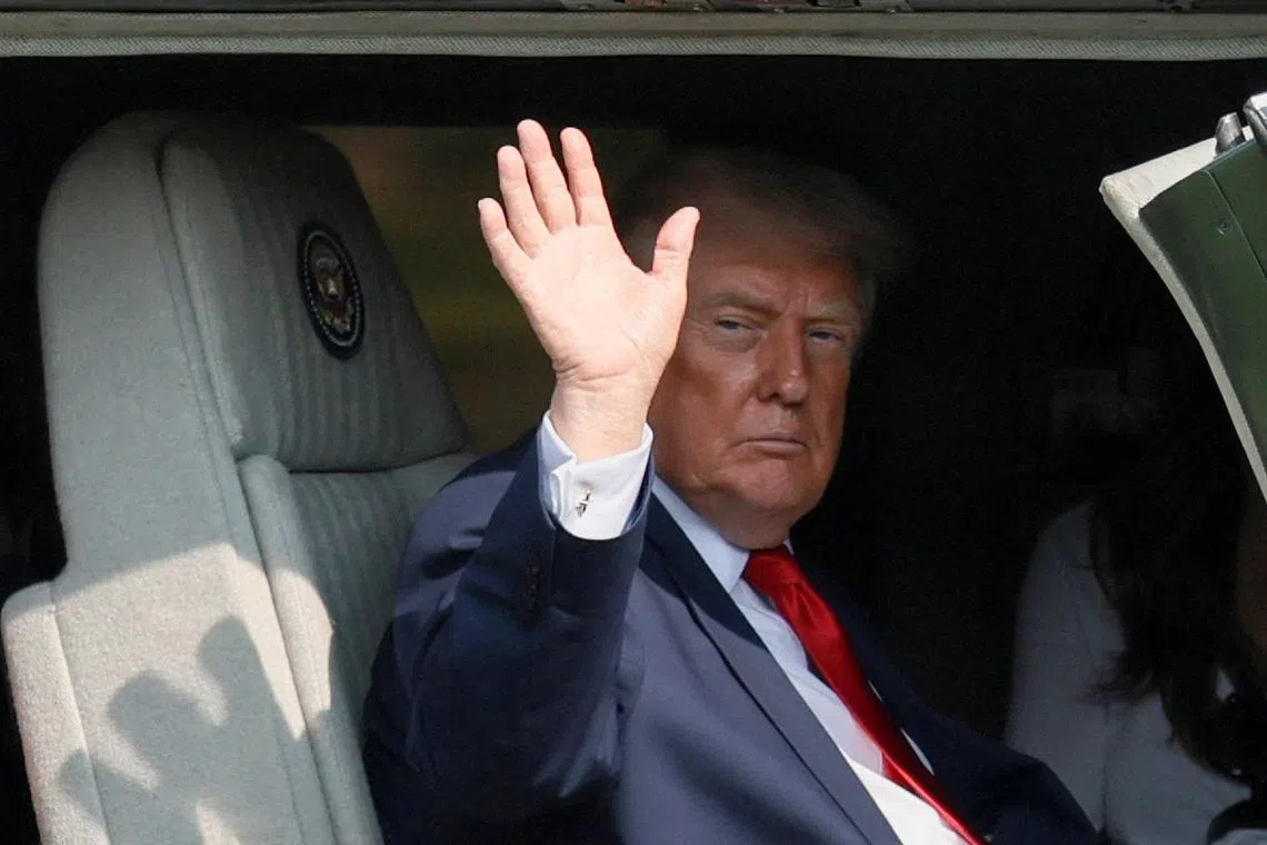 U.S. President Donald Trump waves aboard Marine One in Carlisle, Pennsylvania, U.S., July 15, 2026. REUTERS/Kylie Cooper