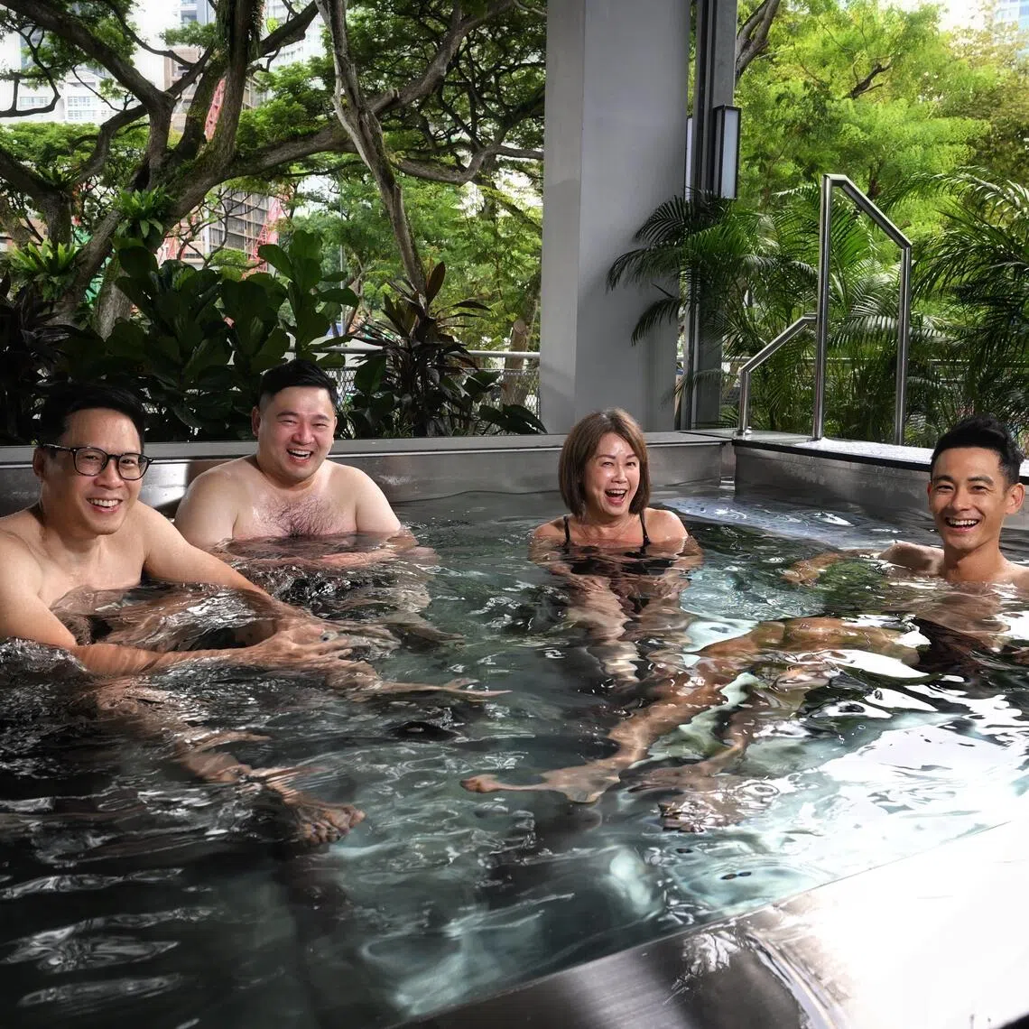 (From left) Mr Leslie Kwok, Mr Hiro Ochi, Ms Lucy Chng and Mr Andrew Riady are among the six co-founders of Reva Social Wellness, a new semi-outdoor recovery space at Trifecta in Orchard Road area. ST PHOTO: CHONG JUN LIANG 